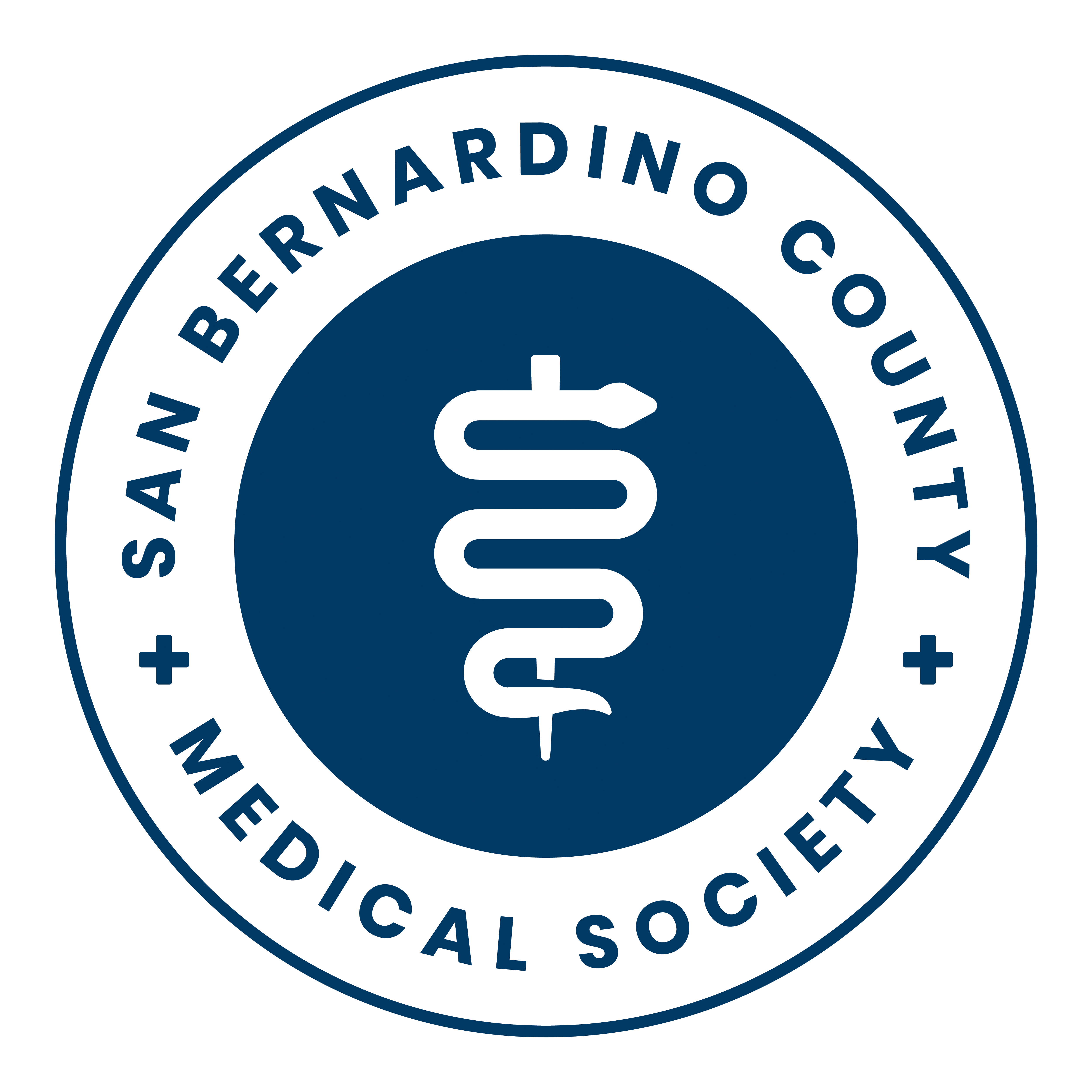 San Bernardino County Medical Society logo; name in a circular fashion surrounding a snake and wand on a dark blue background